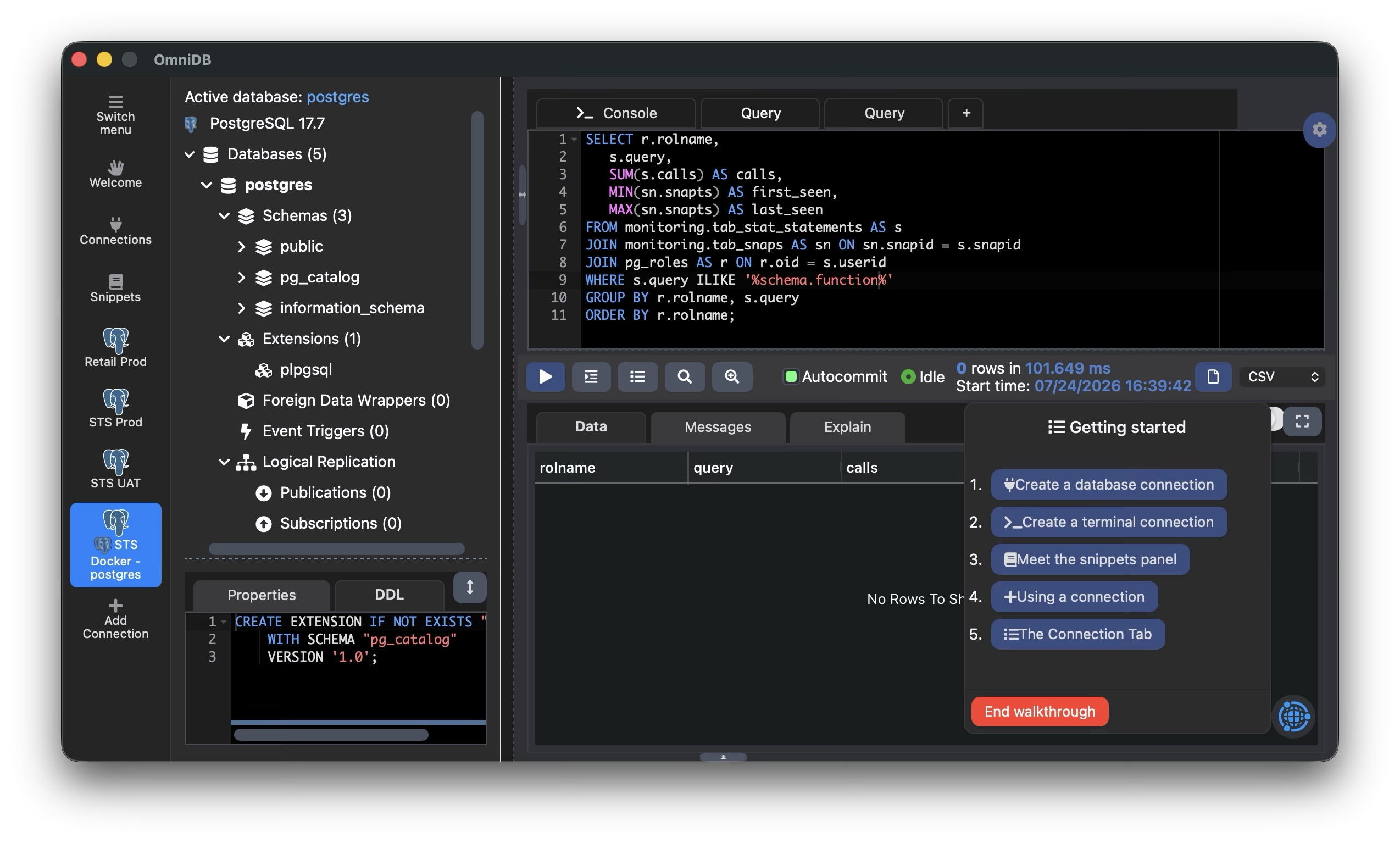 OmniDB workspace, dark theme