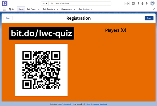 Quiz registration page on host app