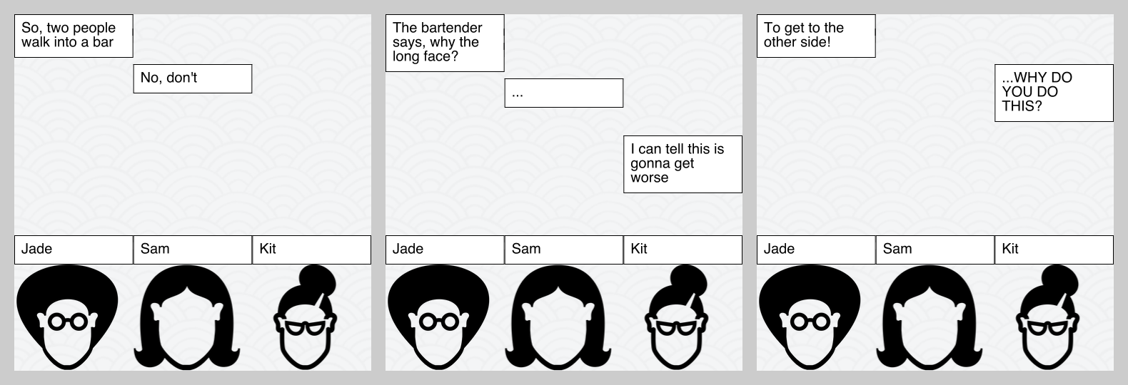 Preview with a comic that is three panels, each person has a randomly generated face with text above each face indicating who says what. The comic tells a story of a bad joke being told and the other characters reacting to the bad joke.