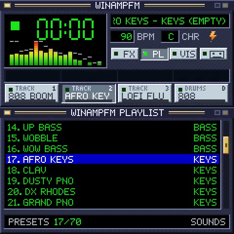 winampFM main window with spectrum, BPM and four track buttons above a sound playlist