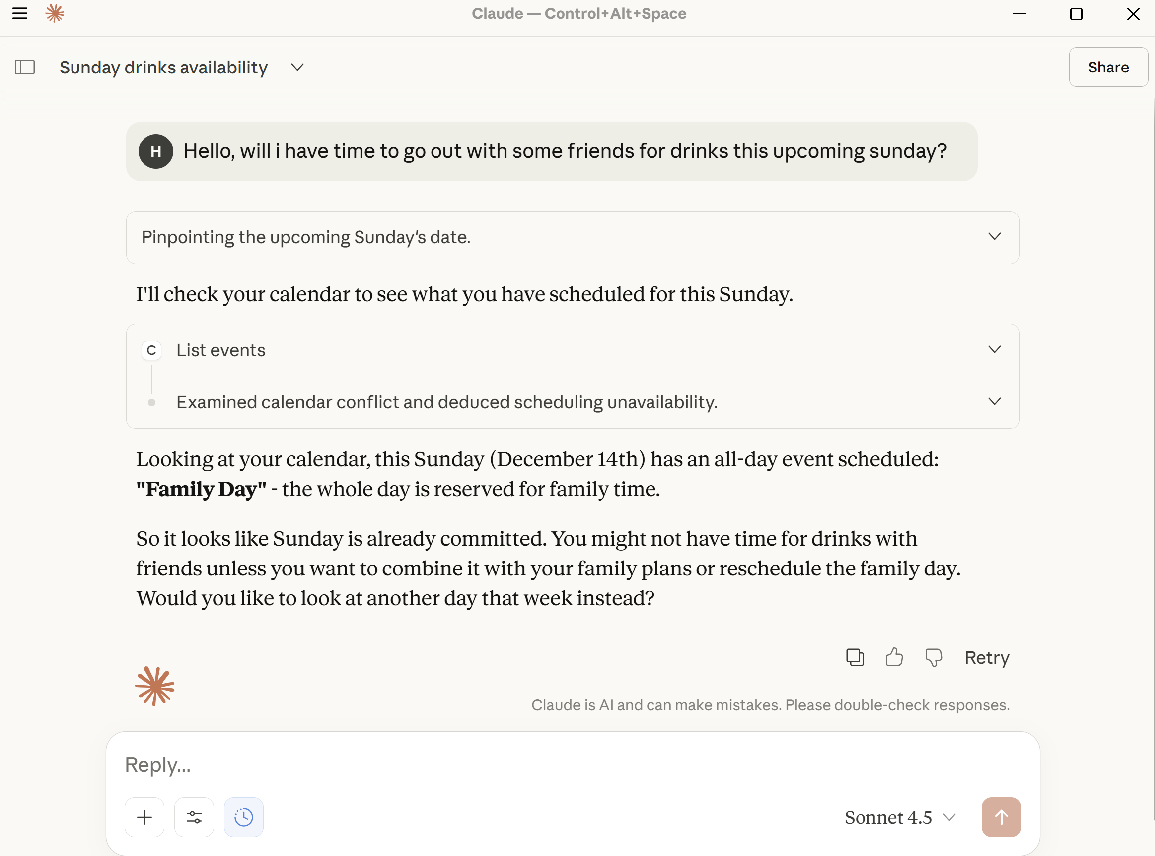 Image of claude checking if i am available on sunday