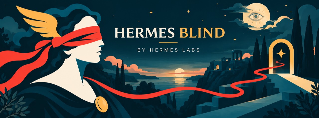 Hermes Blind — a winged guide in a blindfold travelling toward an illuminated doorway