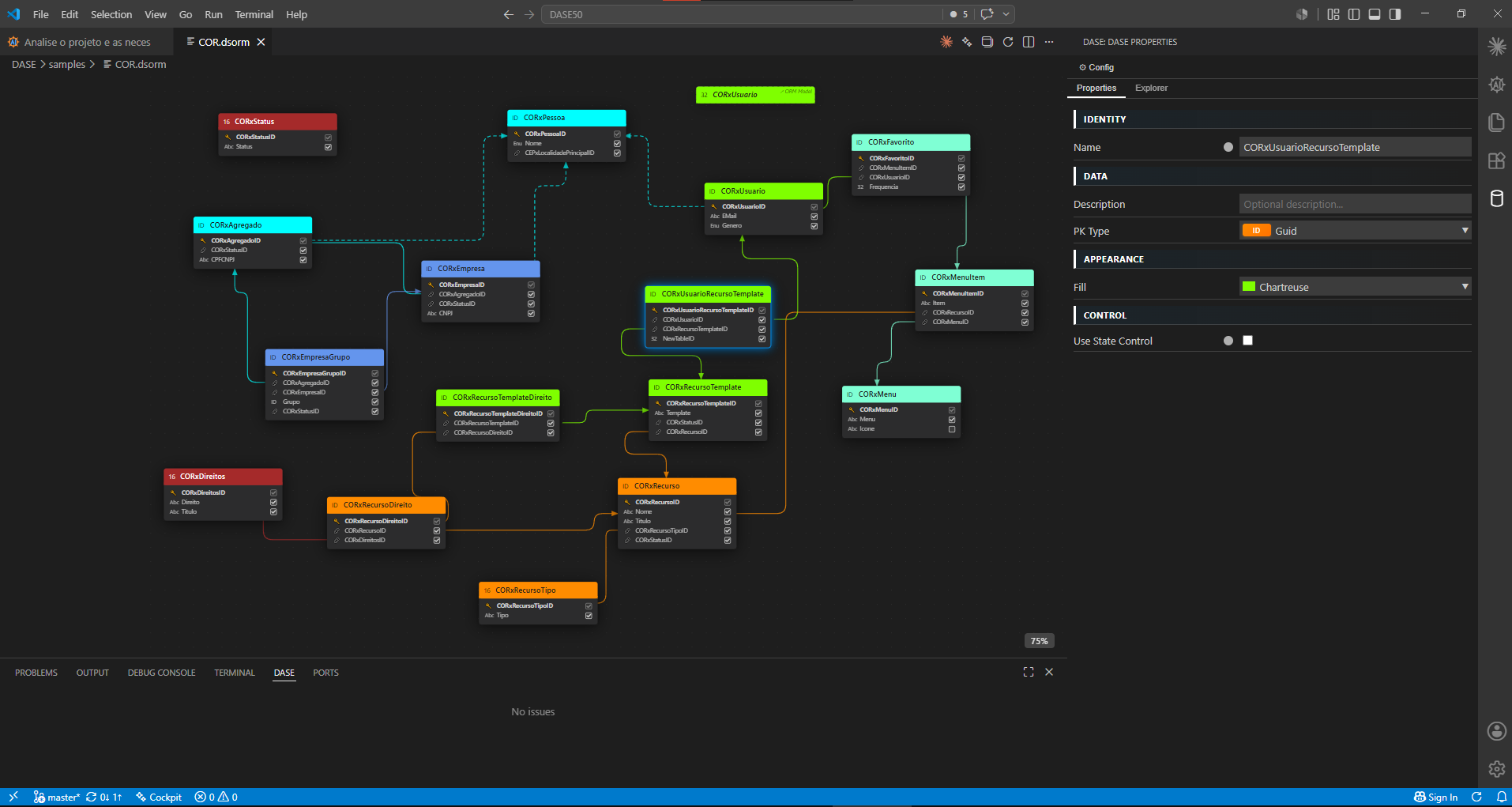 ORM Designer canvas with color-coded tables, FK routing and the Properties panel
