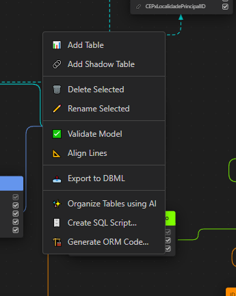 Designer context menu: add tables, validate, align, export DBML, and AI actions