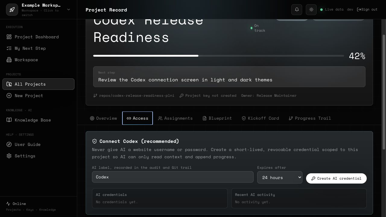 Create a short-lived project credential for Codex and Claude Code