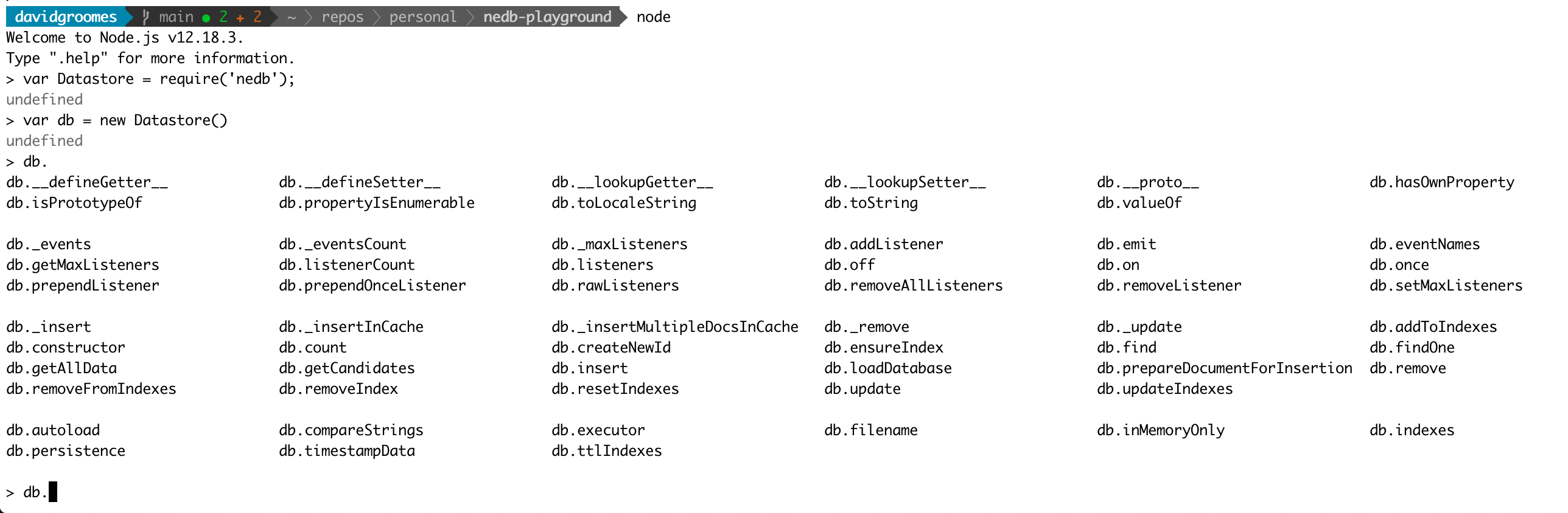 NeDB getting started in the Node.js REPL screenshot