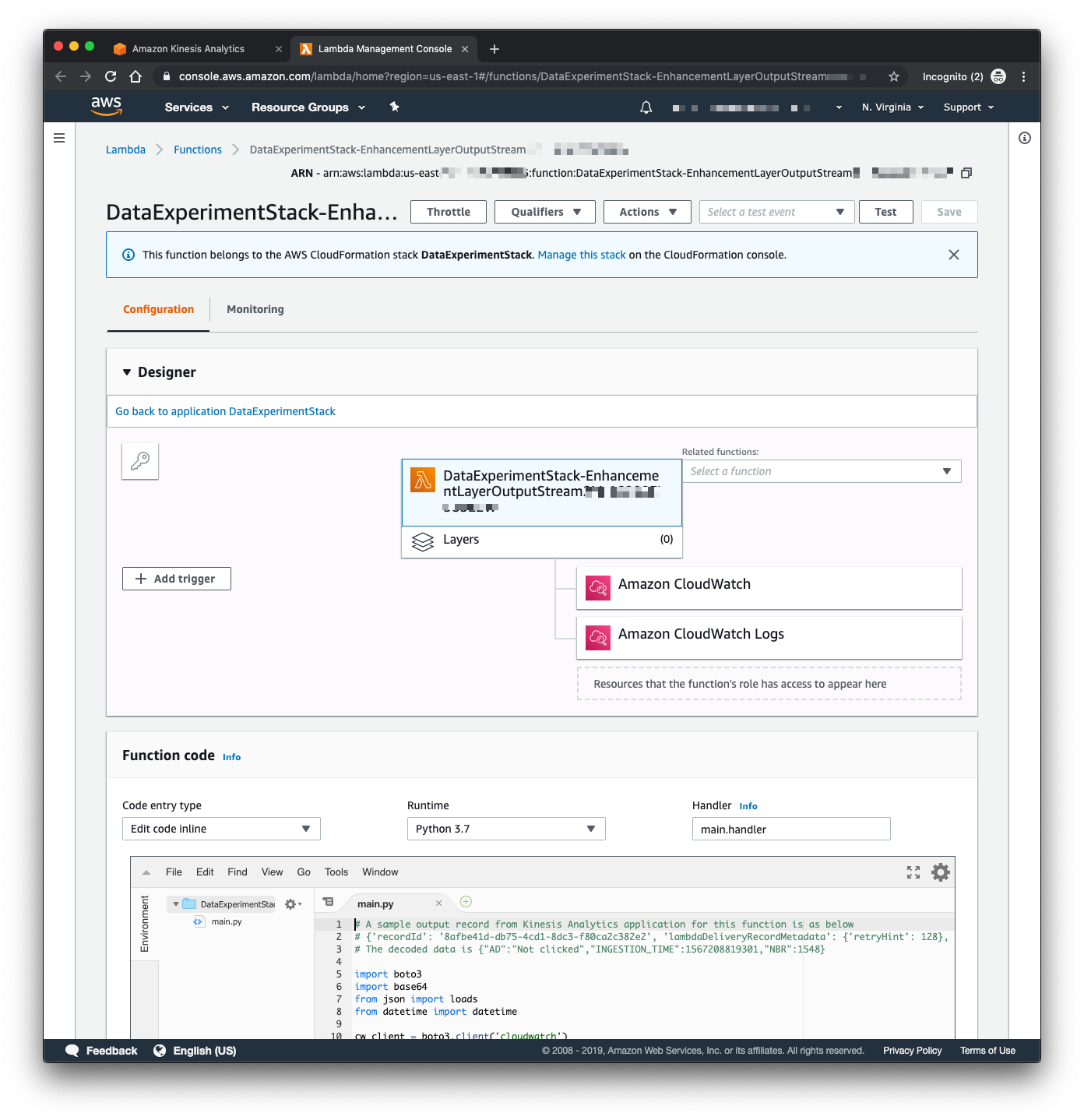 Lambda destination for a Kinesis Analytics application