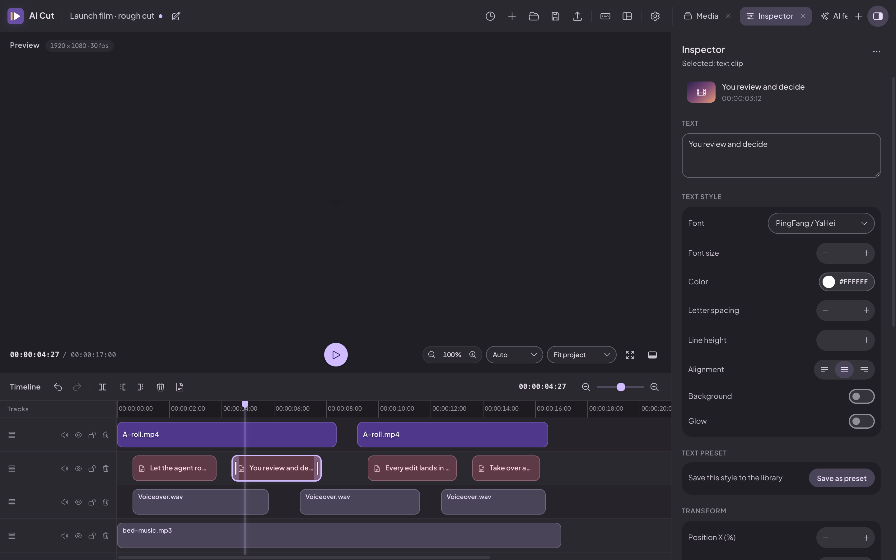 The timeline with video clips, a subtitle track, voiceover and music, and the inspector showing text styling