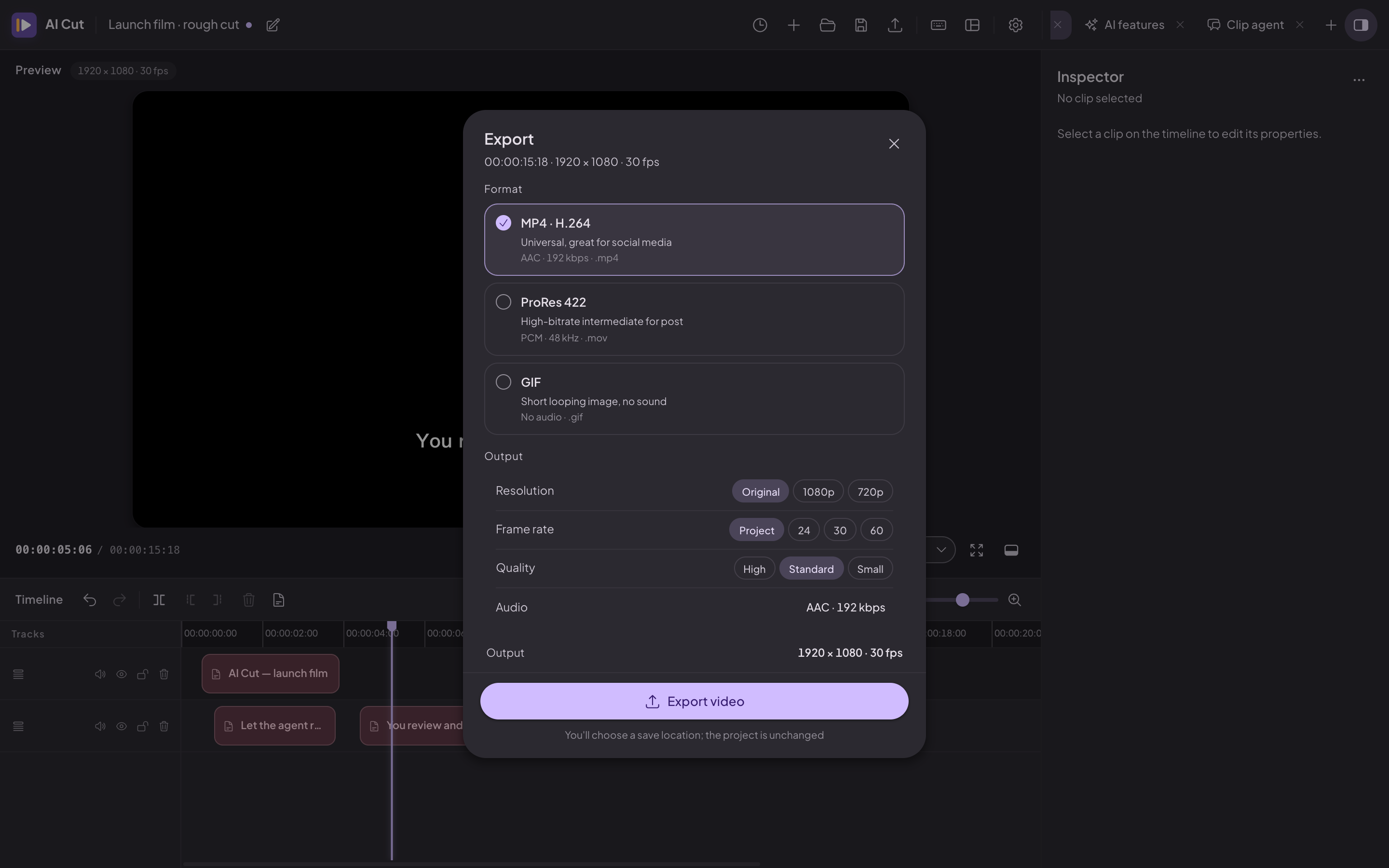 The export dialog with MP4, ProRes and GIF presets, resolution, frame rate, quality and audio settings