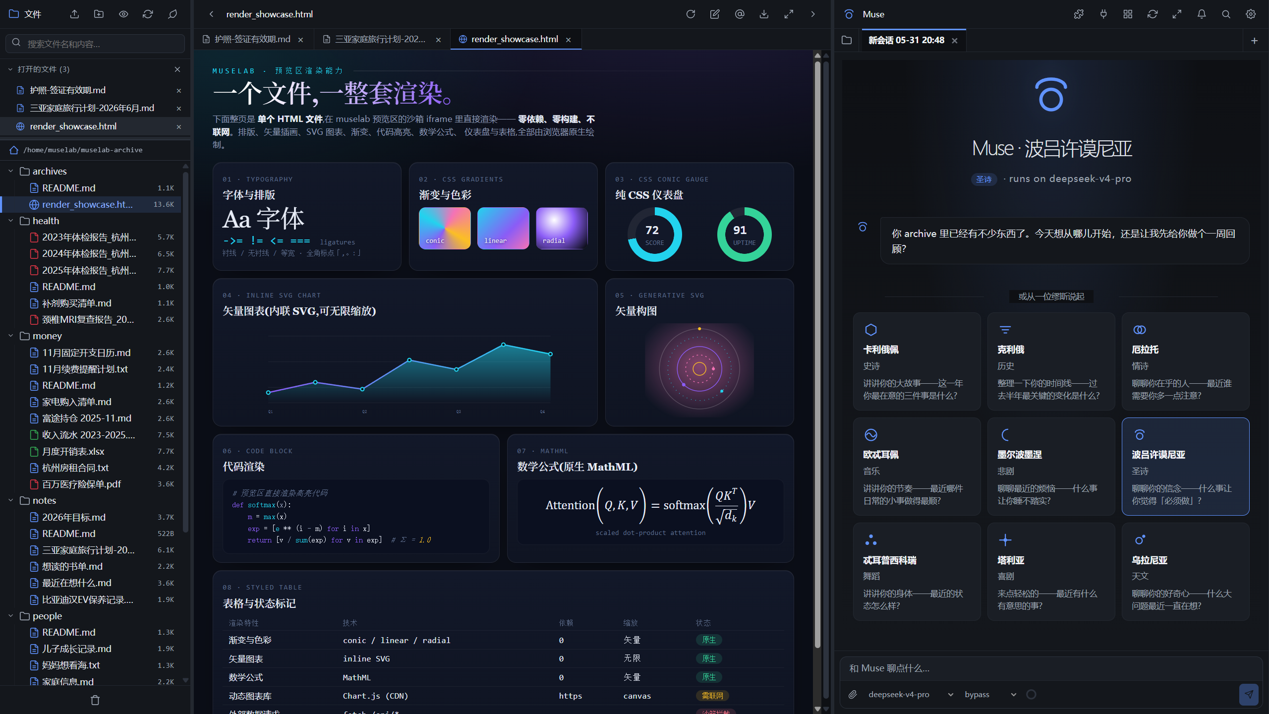 muselab desktop: file tree, chat, and a live-rendered preview pane