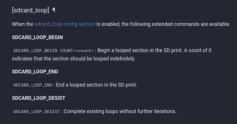 Screenshot of Klipper documentation regarding sdcard_loop functionality and associated macros