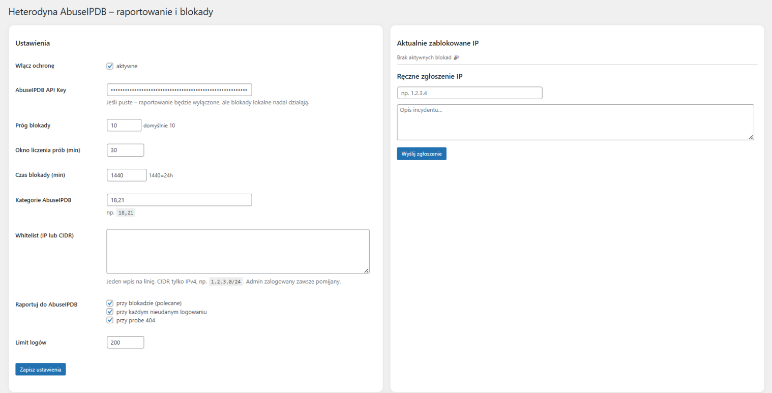 Ustawienia Heterodyna AbuseIPDB w WordPress