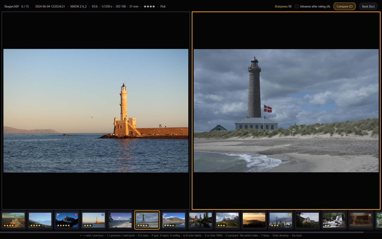 LUMEN RAW 2.0.0 culling in compare mode: a lighthouse in Greece on the left, the candidate (Skagen lighthouse) on the right with an amber frame; the header shows its capture data, four stars, the pick flag and sharpness 98, the strip below shows the ratings of the whole set