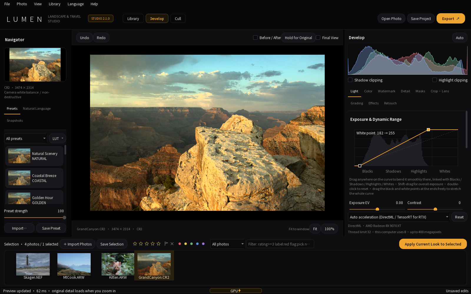 LUMEN RAW 2.1.0 in English: the exposure curve in the Light panel with its black point moved to the start of the histogram and its white point being dragged to its end; the readout says "White point 182 → 255" and the Grand Canyon photo gains contrast