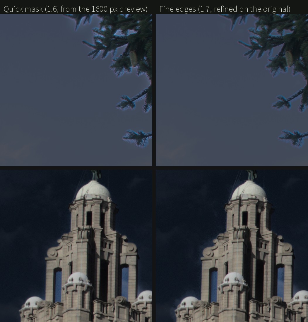 The same CC0 sample with the sky darkened through a sky mask: left, the quick mask of 1.6, with a light halo around the needles and the building and the sky seen through the arches left out; right, the fine edges of 1.7