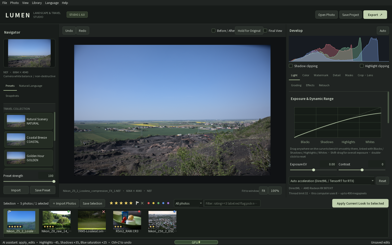LUMEN RAW 1.6.0: filmstrip thumbnails show stars, the pick flag, a rejected photo and color labels; the toolbar has stars, flags, labels and filters; the status bar shows an edit an AI assistant just applied