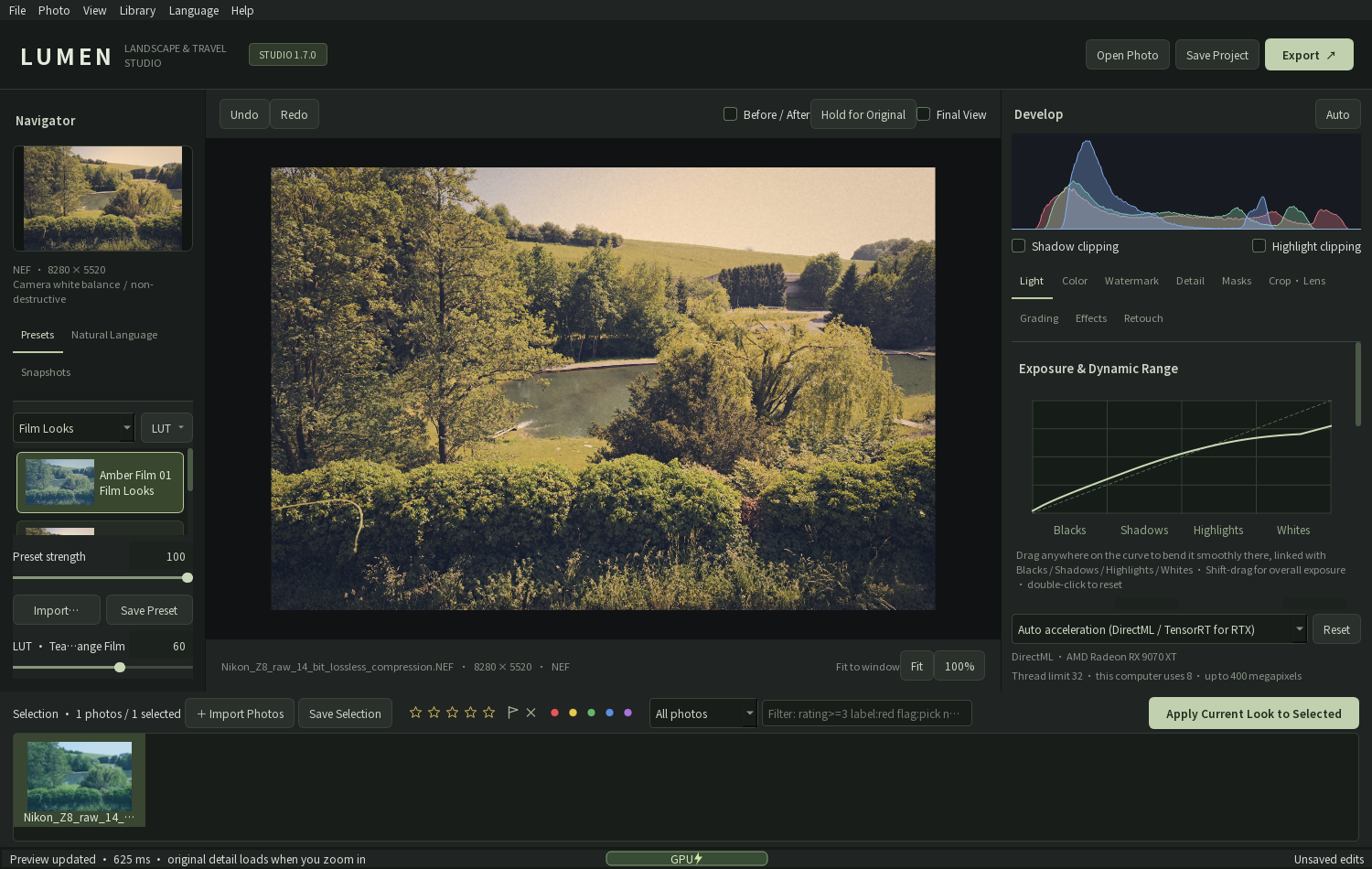 LUMEN RAW 1.7.0: the Presets panel lists imported Lightroom presets by group ("Film Looks") with "Amber Film 01" applied, and the strength slider of the LUT "Teal Orange Film" below
