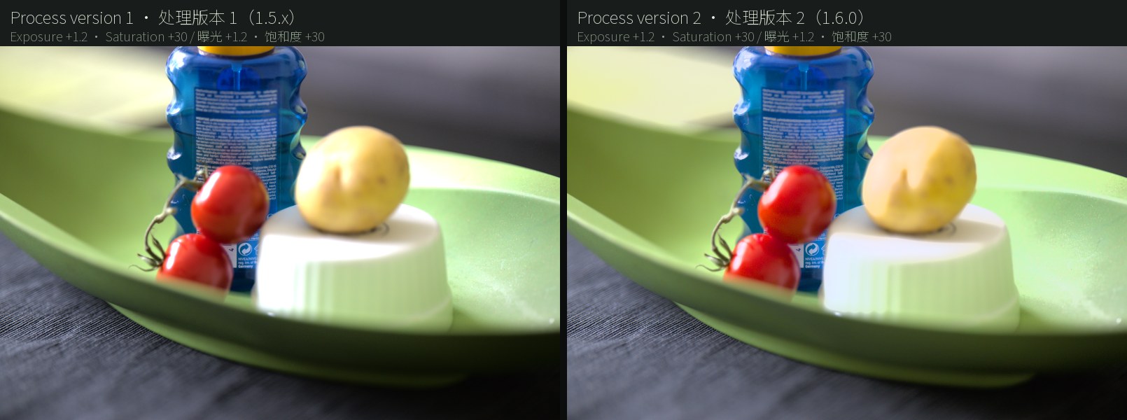 Exposure +1.2: process version 1 (left) clips the tomato highlights per channel into flat red; process version 2 (right) keeps their shape with the highlight shoulder and gamut mapping