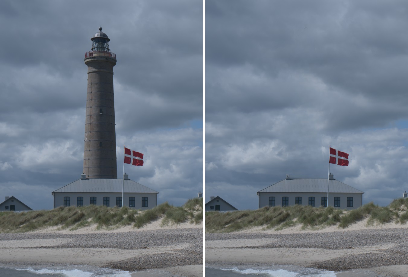 The same photo before (left) and after (right) the click: the lighthouse is gone, the house, the flag and the clouds are continued