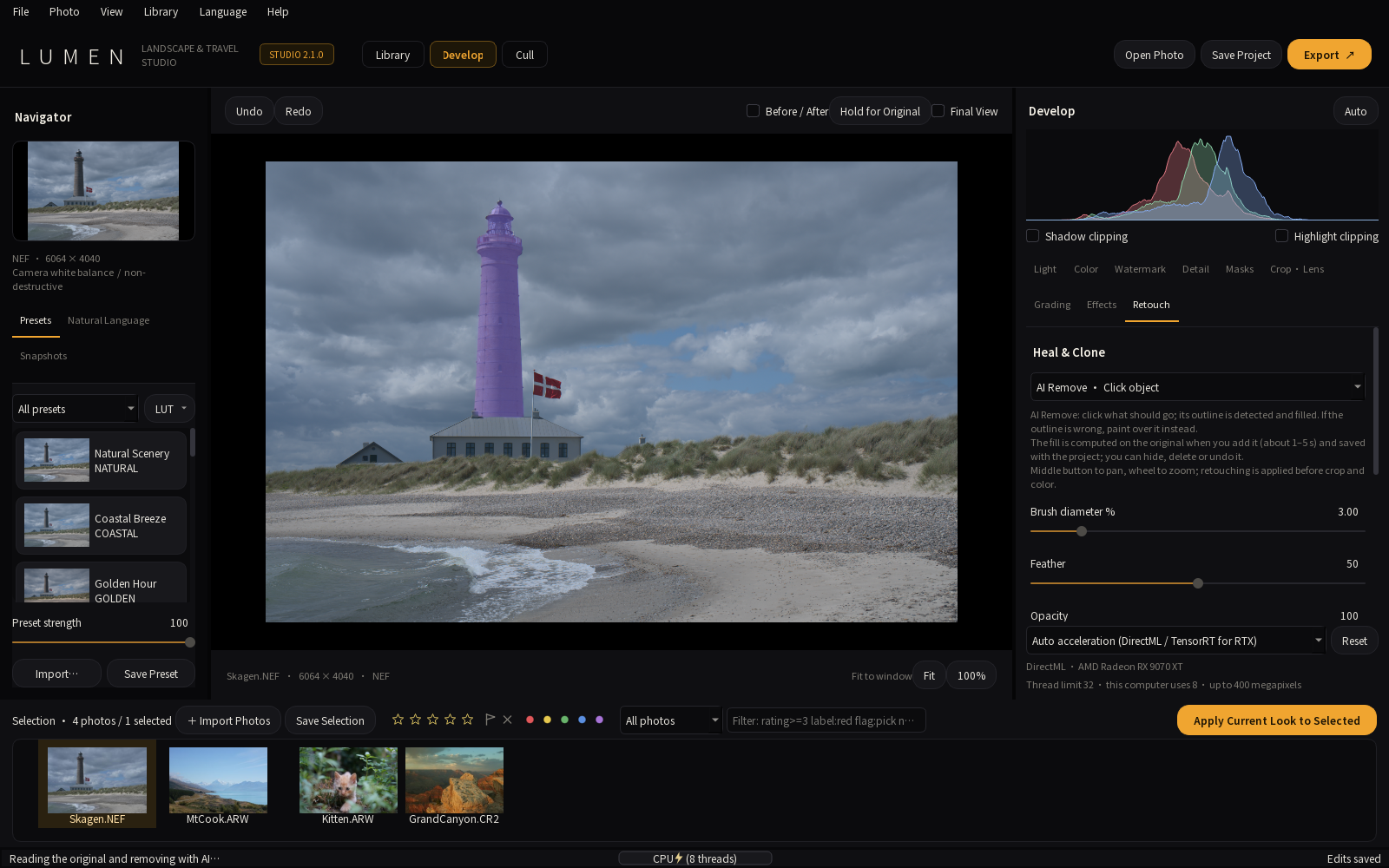 LUMEN RAW 2.1.0 in English: in the Retouch panel the tool "AI Remove · Click object" is chosen; one click on the Skagen lighthouse outlined the whole tower in purple and the status bar reads "Reading the original and removing with AI…"