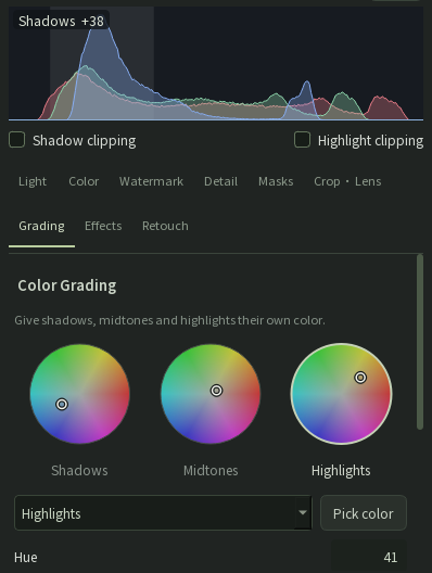 LUMEN RAW 1.7.0: the histogram's Shadows zone is shaded and reads +38; in the Grading panel the Pick color button sits next to the zone selector, and the hue 41 was picked from the photo