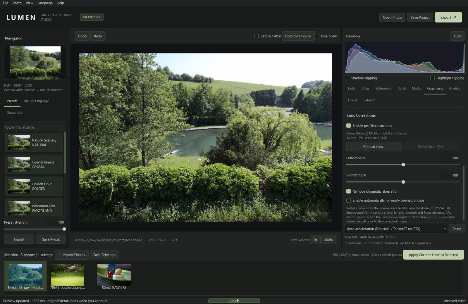 LUMEN RAW 1.5.1 in English: the Crop · Lens panel has identified a Nikon Nikkor Z 14-24mm f/2.8 S from EXIF and corrects its distortion, vignetting and chromatic aberration