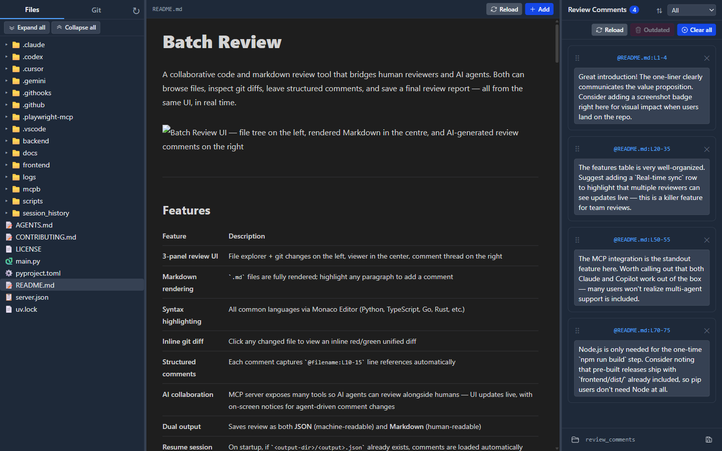 Batch Review UI — file tree on the left, rendered Markdown in the centre, and AI-generated review comments on the right