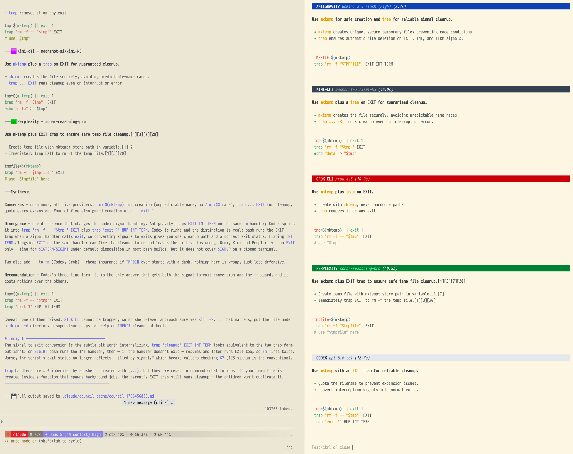 Five providers answering in the streaming tmux pane, with the synthesis alongside