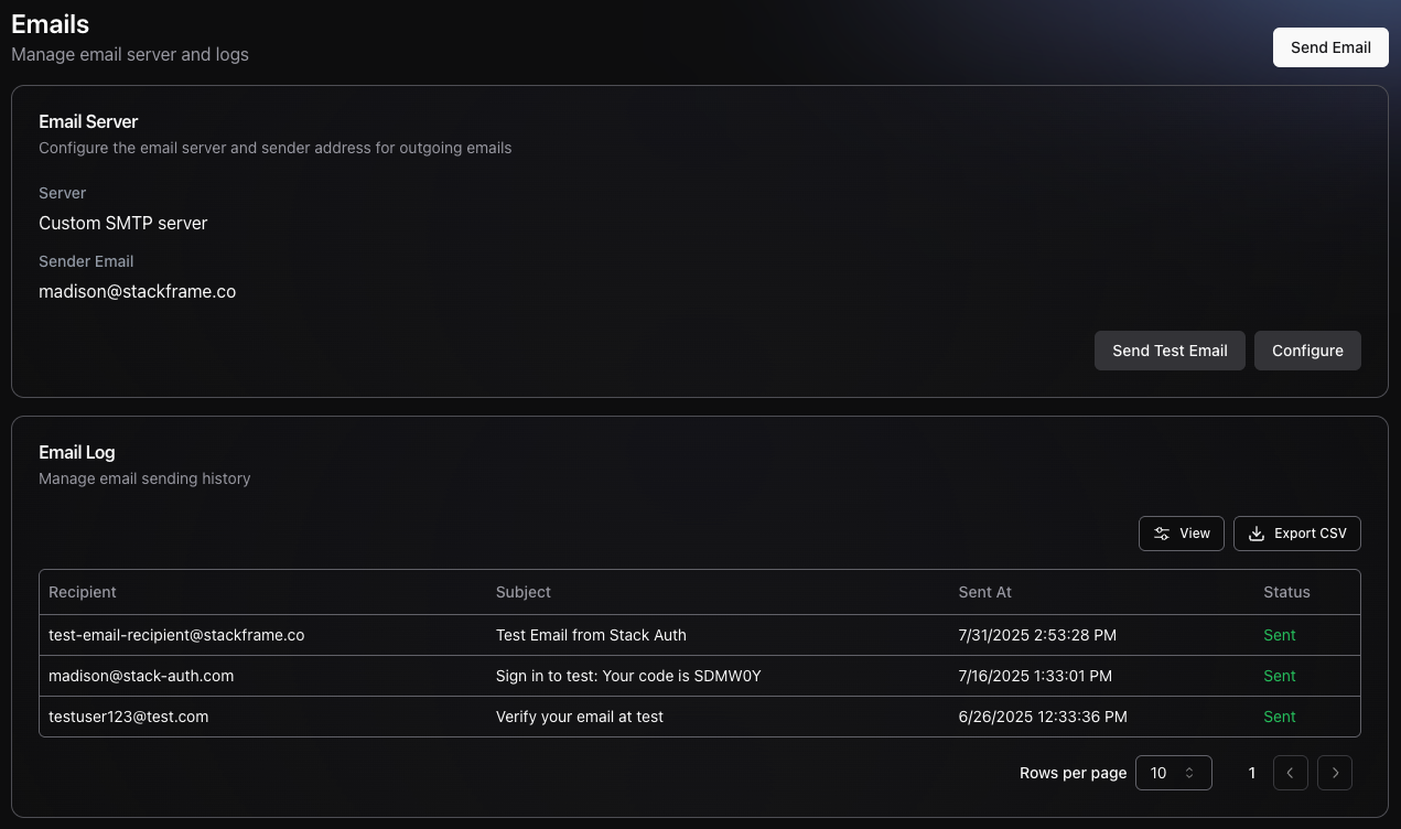 Email server settings and logs