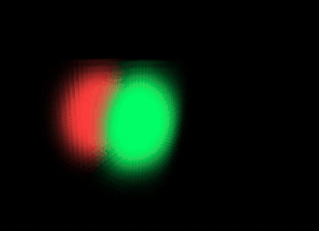 A 2p-orbital-shaped standing wave, its green and red lobes swapping as it rings