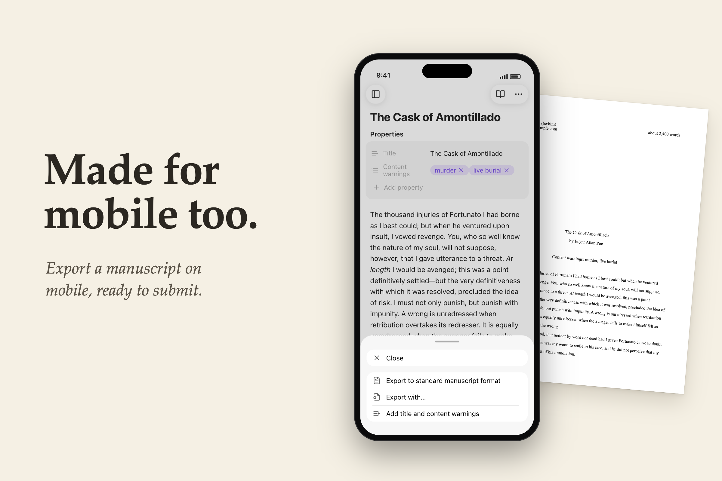 A phone showing The Cask of Amontillado in Obsidian with its Title and Content warnings properties, the note menu open on the plugin's three export items, and the exported first page beside it