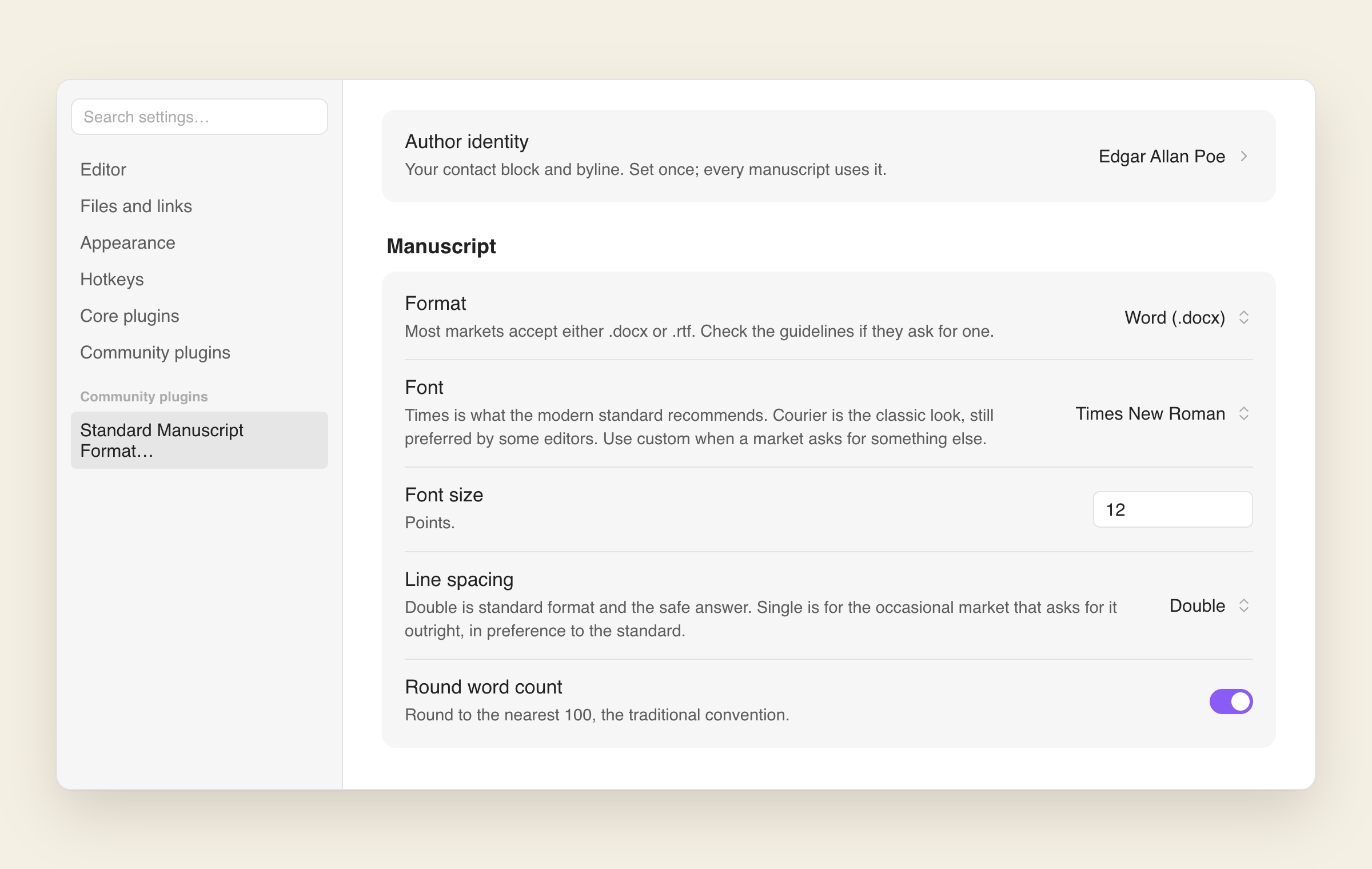 The plugin's settings: an Author identity row showing the name it will print, then Manuscript options for format, font, font size, line spacing and word-count rounding, each with a line explaining when to change it