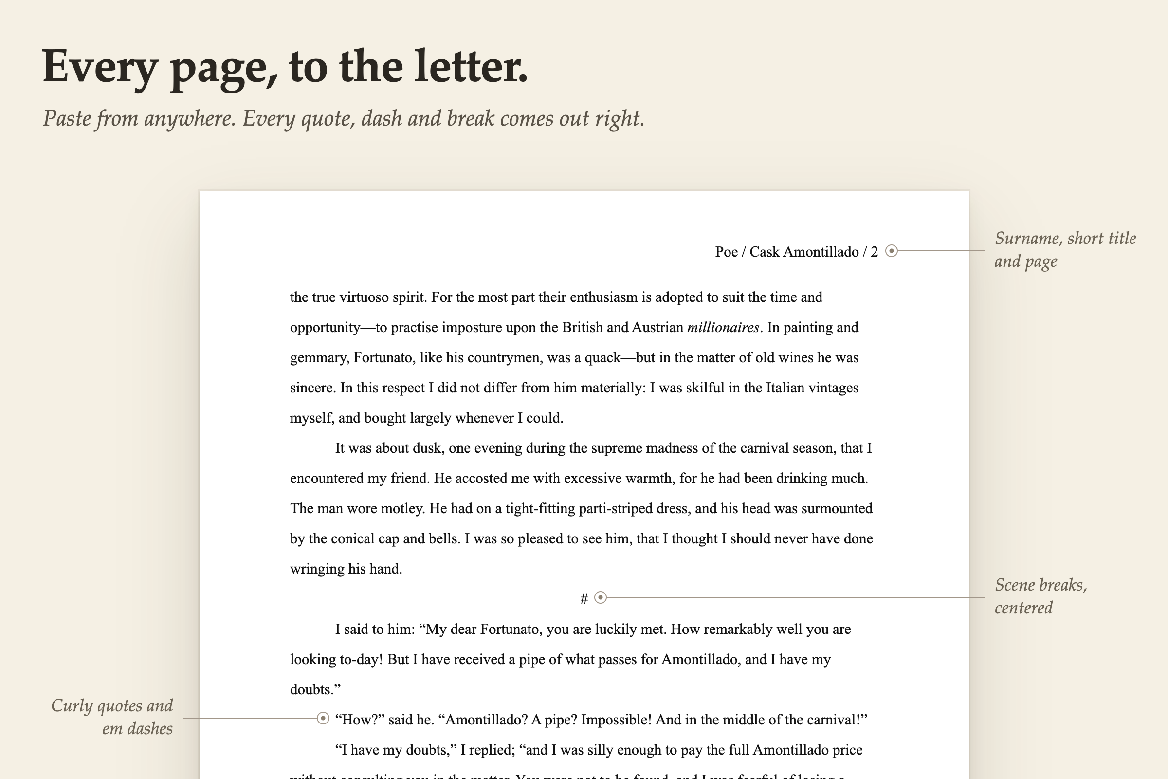 Page 2 of a manuscript, labeled: the running head, Poe / Cask Amontillado / 2; a centered # scene break; and dialogue with curly quotes and em dashes