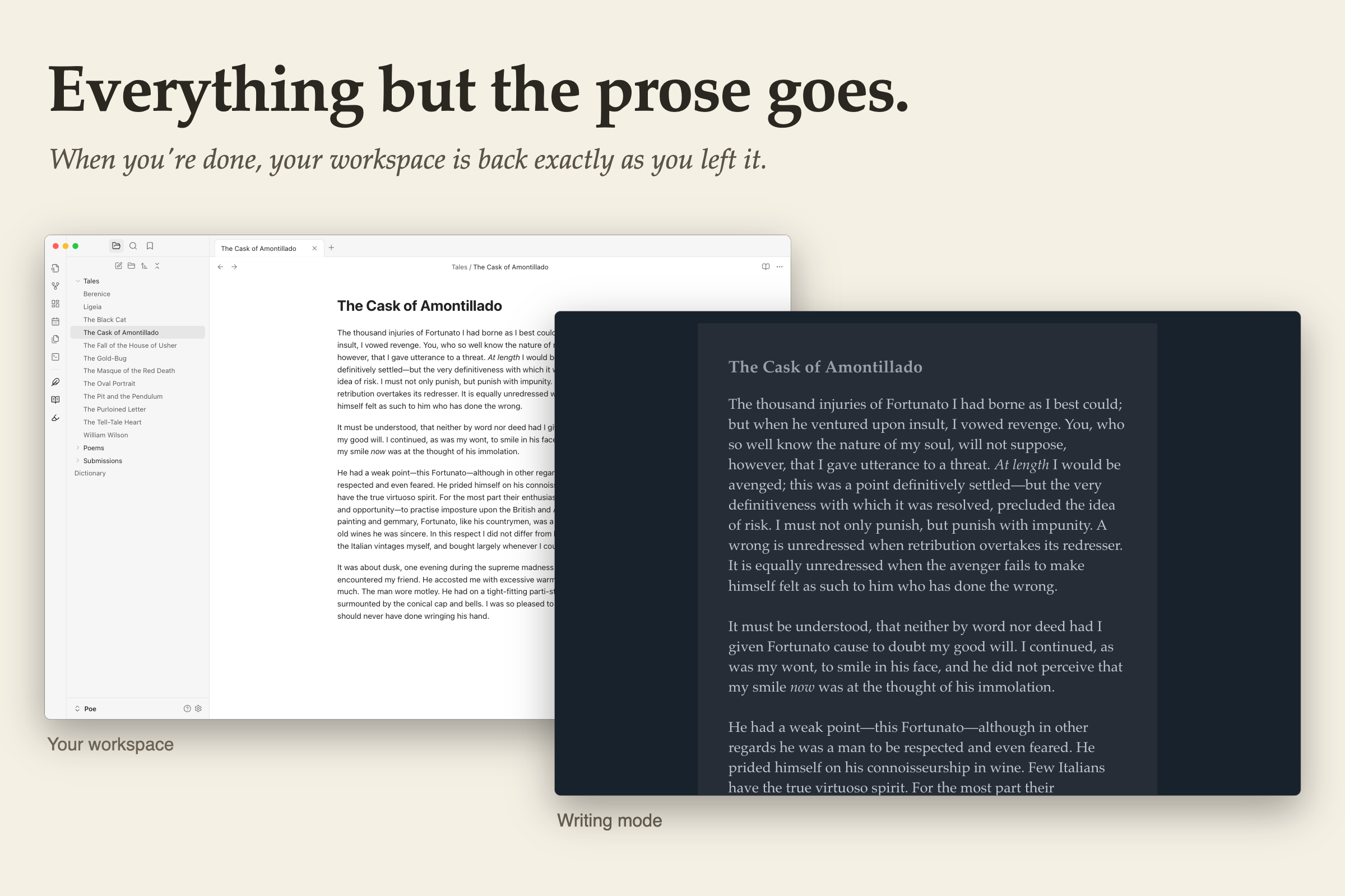 An Obsidian window with its sidebars, tabs and properties, and the same note in writing mode in front of it: only the prose, on a night blue page