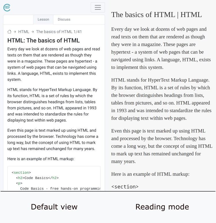 Standard lesson view on Code Basics and reading mode