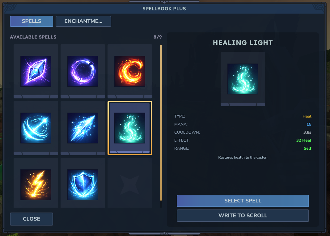 Pannello degli incantesimi