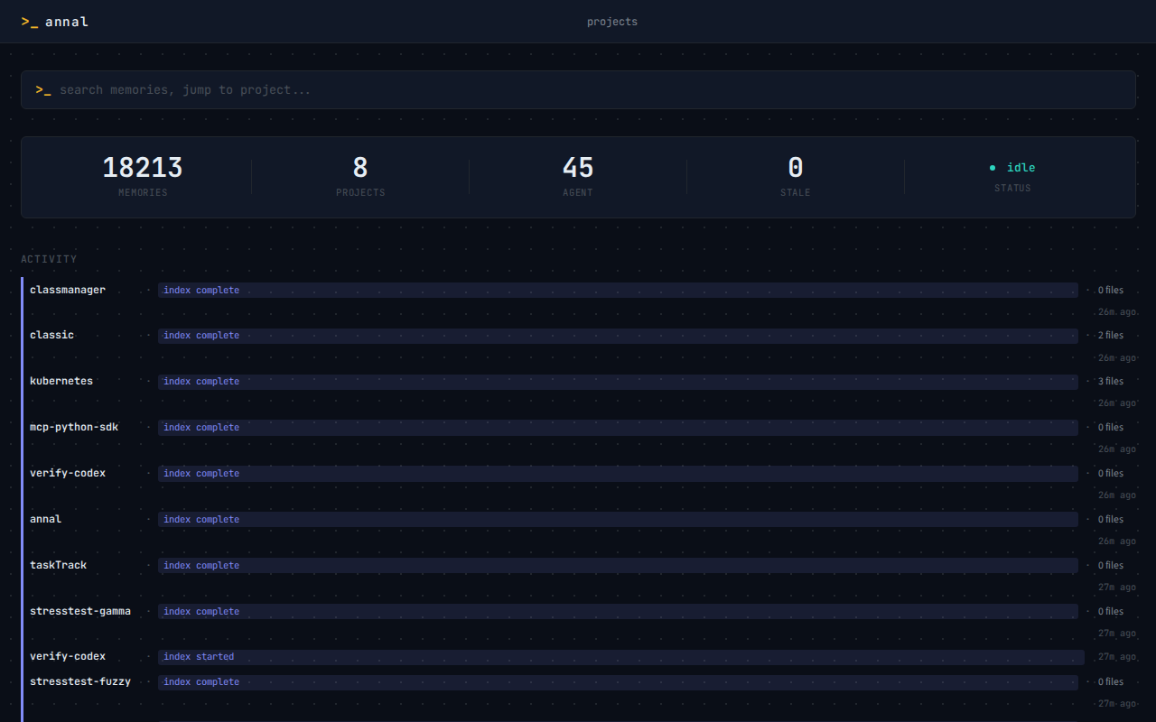 Dashboard landing page — command palette, stats ribbon with per-project breakdown, live activity feed