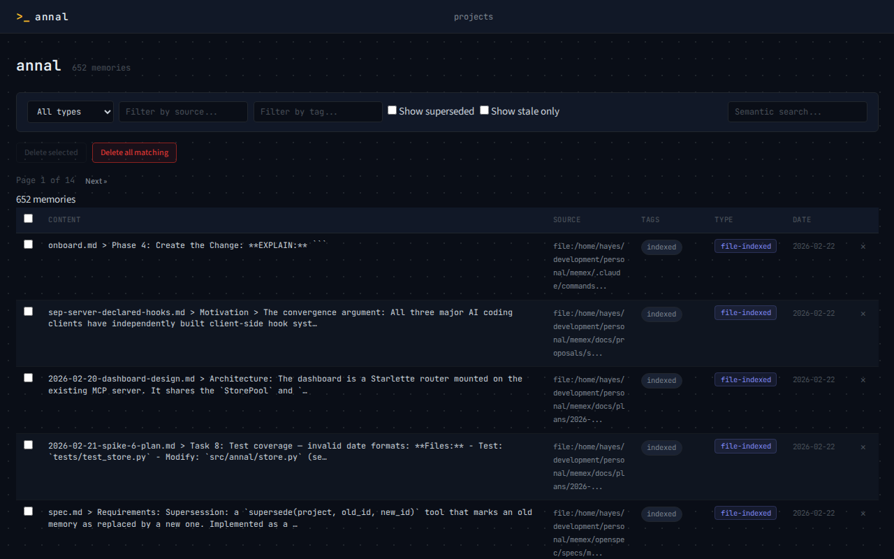 Memory browsing with filters, semantic search, and tag pills