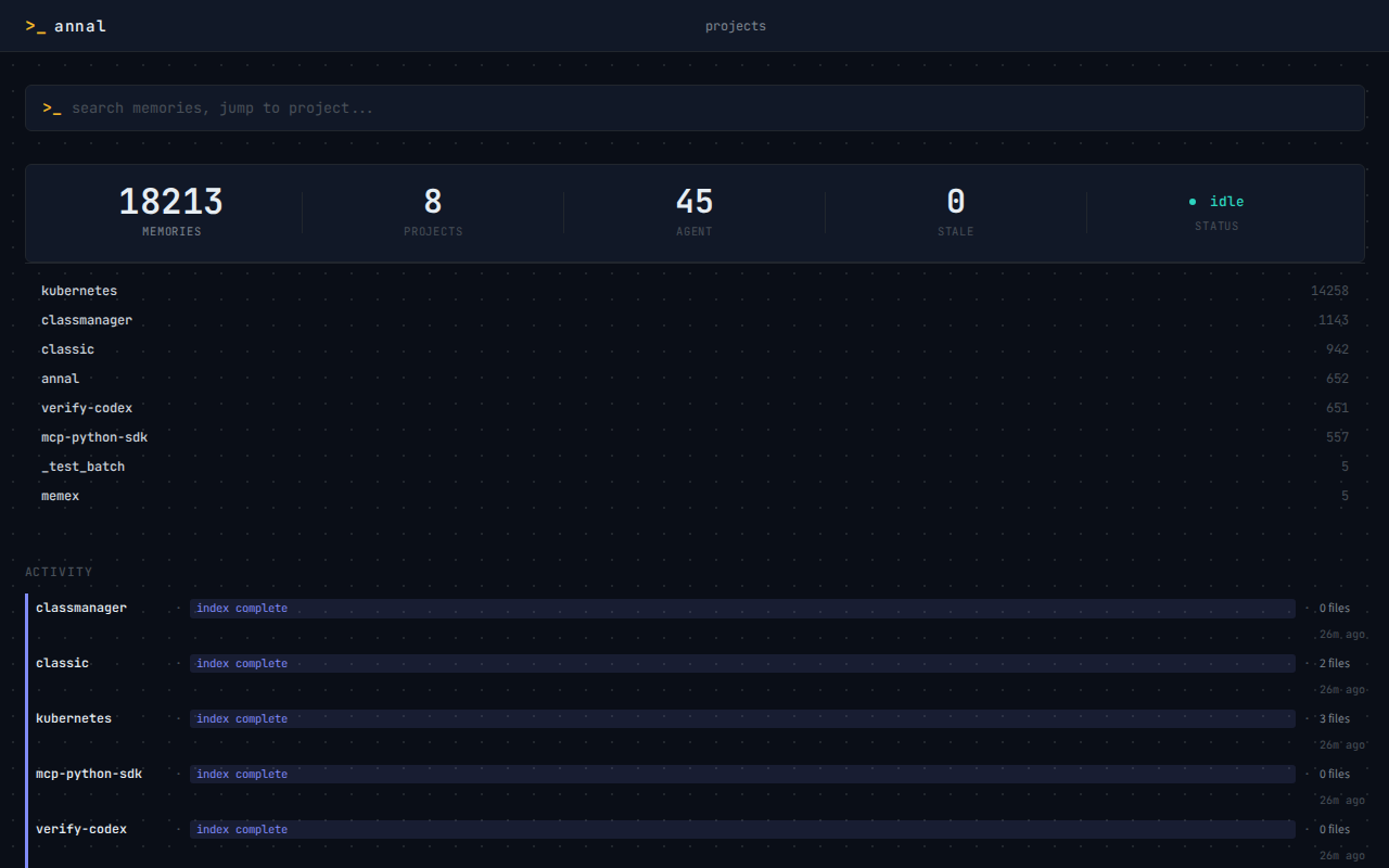 Stats ribbon expanded to show per-project memory counts