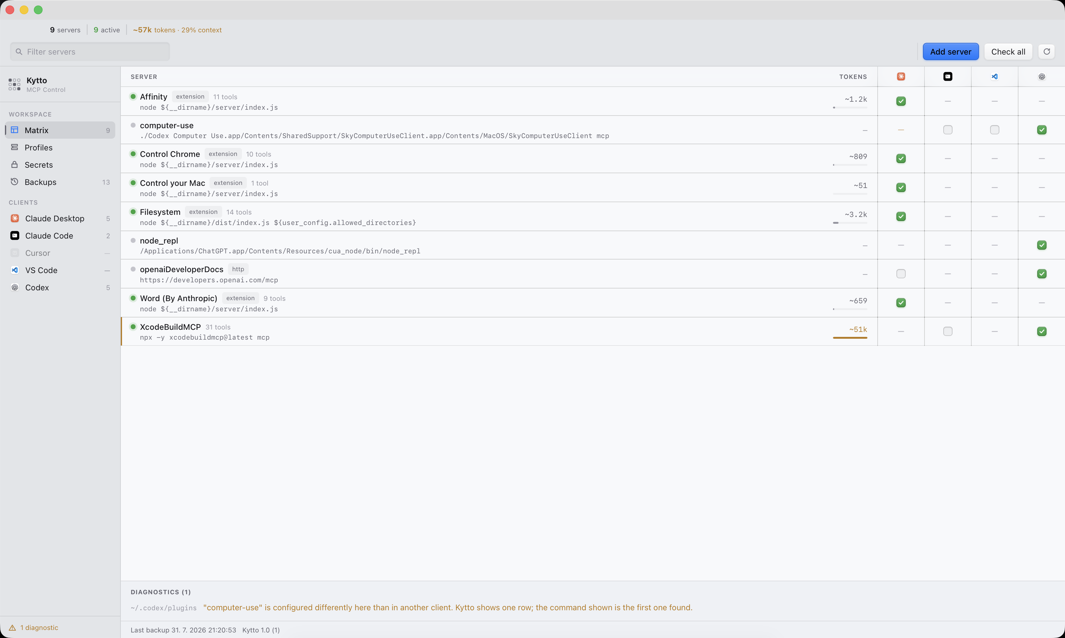KyttoMCP showing MCP servers and their status across Claude Desktop, Claude Code, Cursor, VS Code and Codex in one matrix