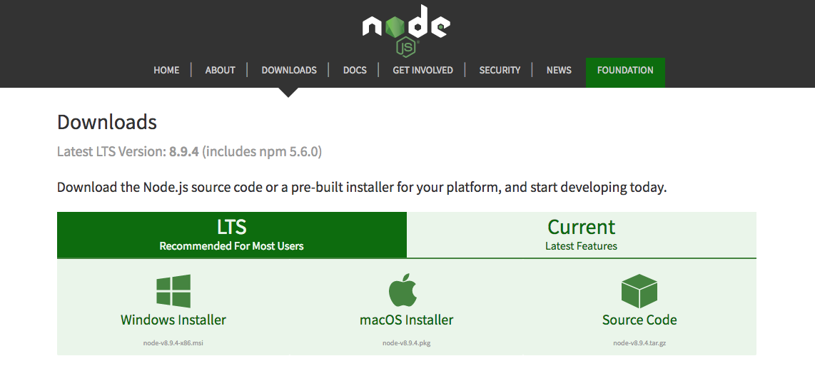 Node.js downloads page