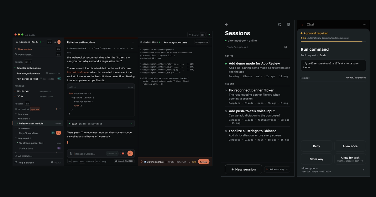 CC Pocket: the desktop console showing paired machines and a live session, beside the phone app showing a session list and an approval decision.