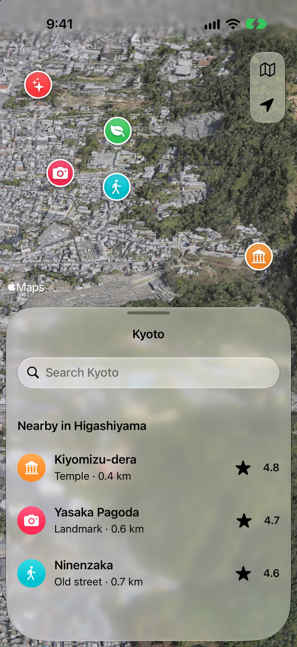 Explore: glass map controls and a sheet, light mode
