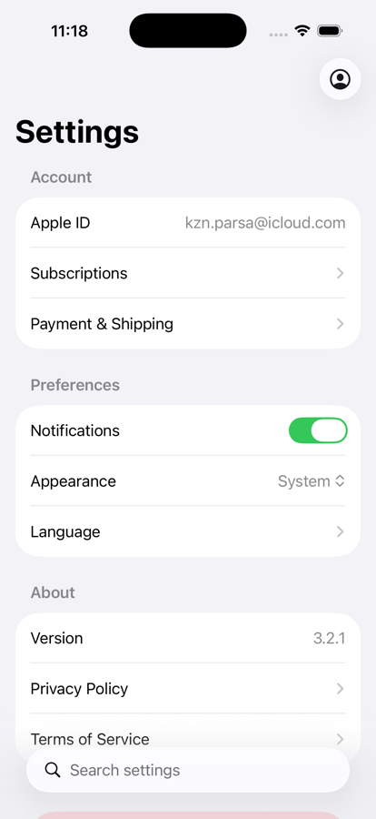 Settings screen