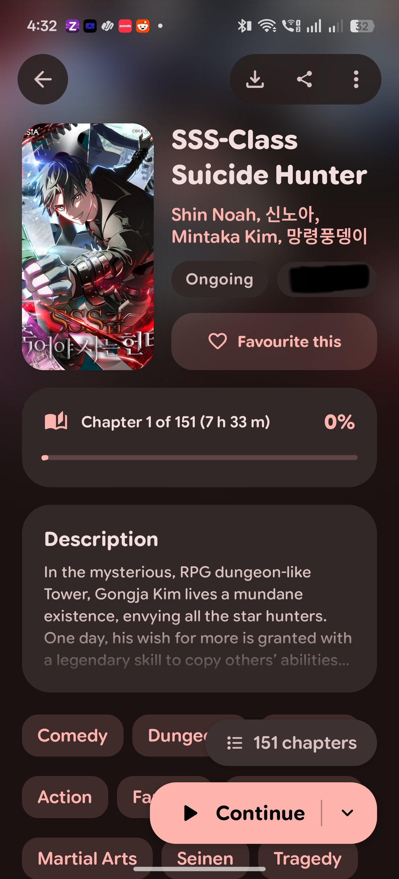 Yomira manga details screen