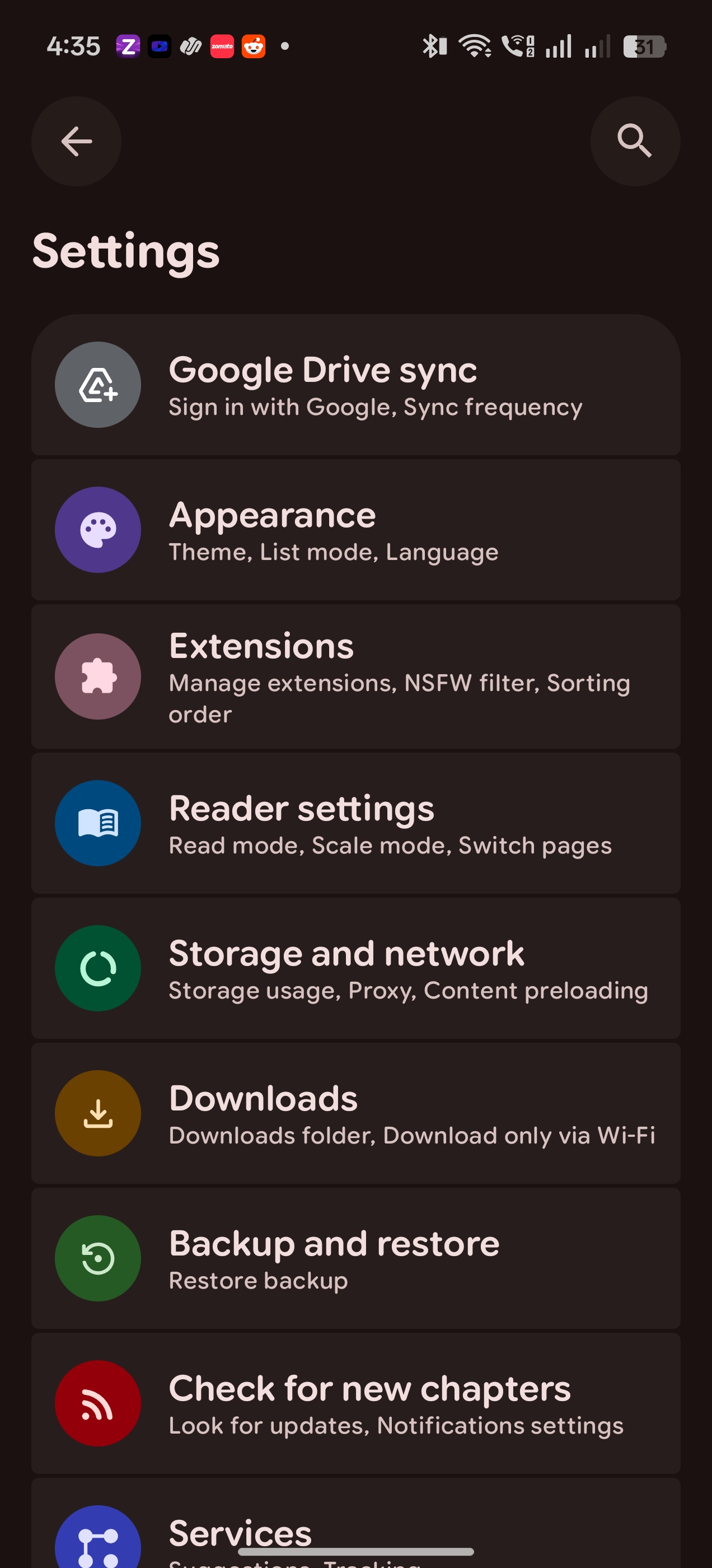 Yomira settings screen