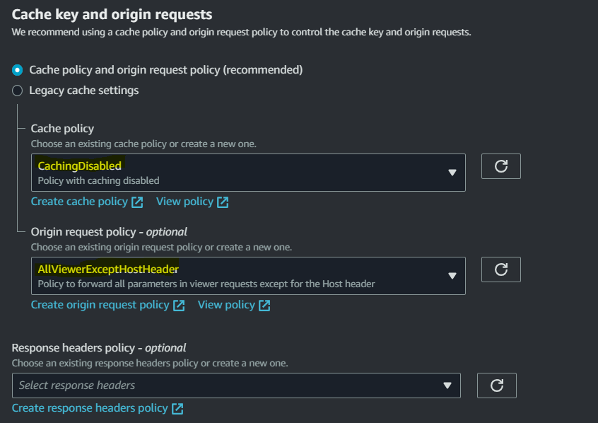 Configurazione AWS CloudFront del beaviour Default (*) 