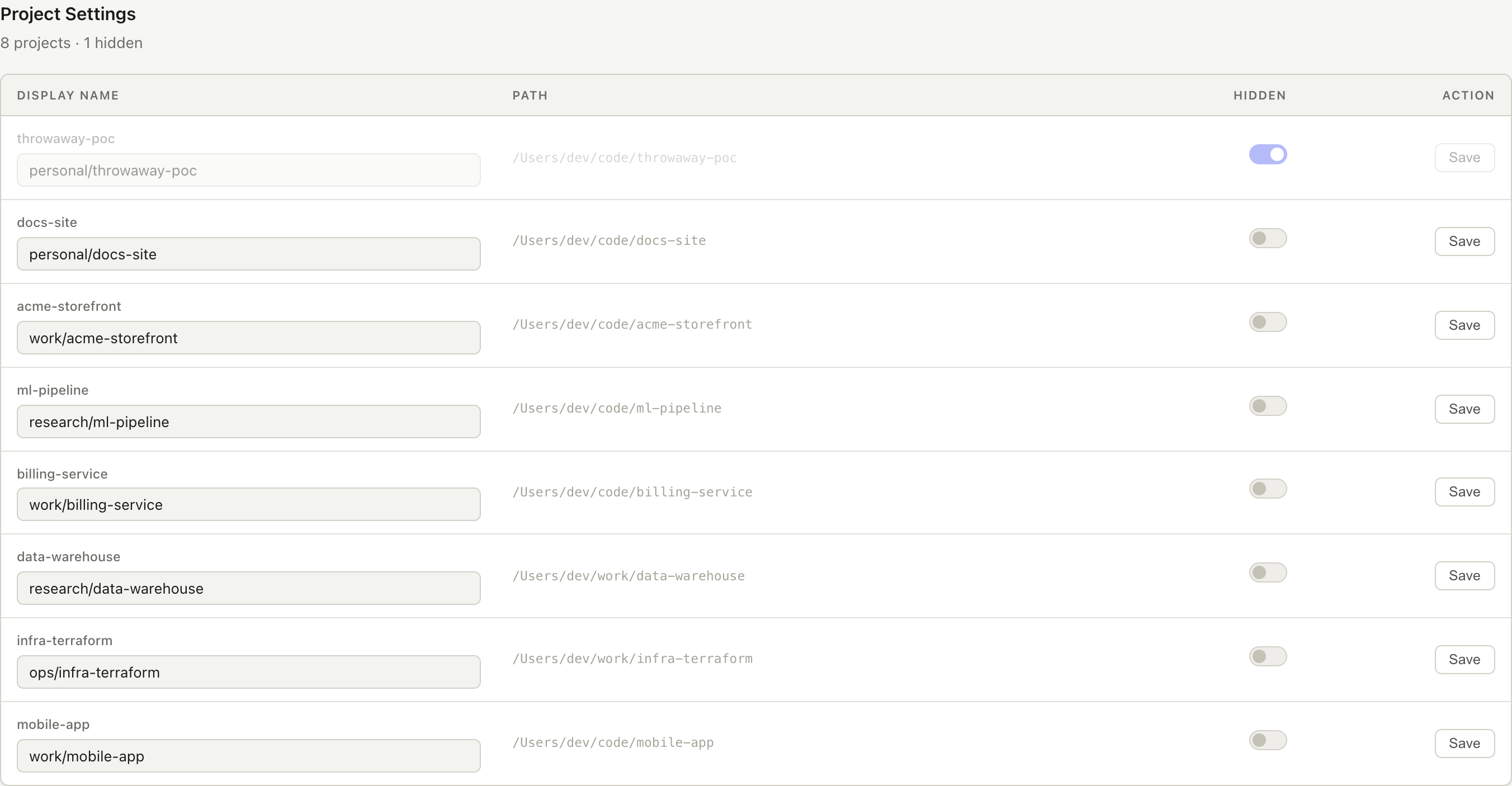 Settings — rename, tag, and hide projects