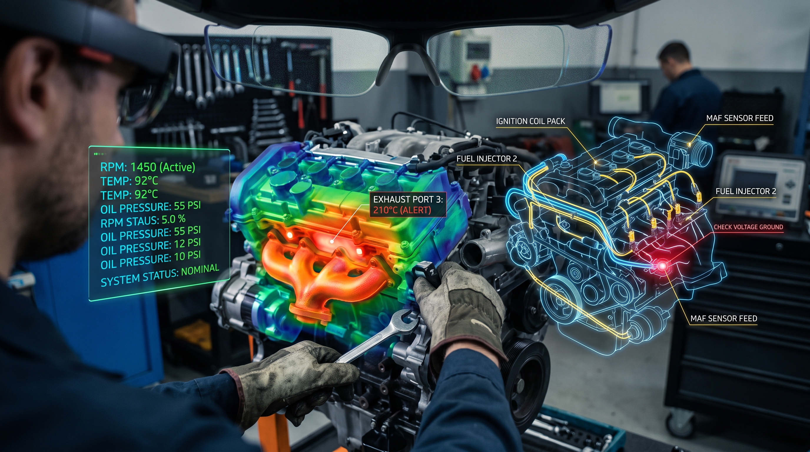 Technician wearing an holographic AR visor diagnostics glasses