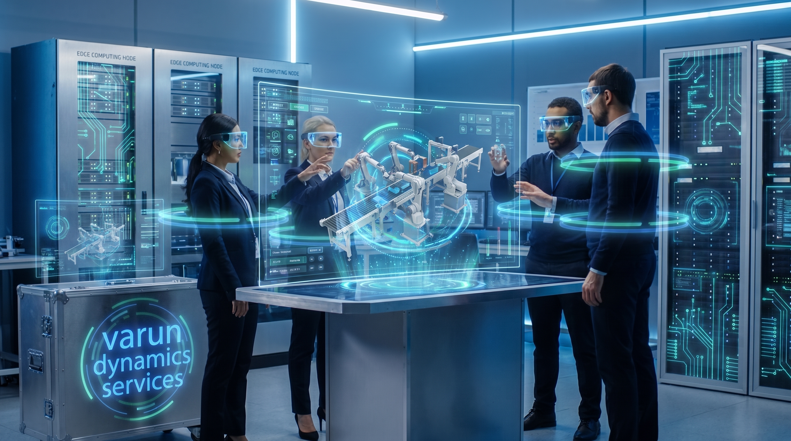 Engineering team testing automated processes inside smart production center
